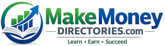 MakeMoneyDirectories.com logo featuring digital growth symbol with upward chart and book representing online business and financial education